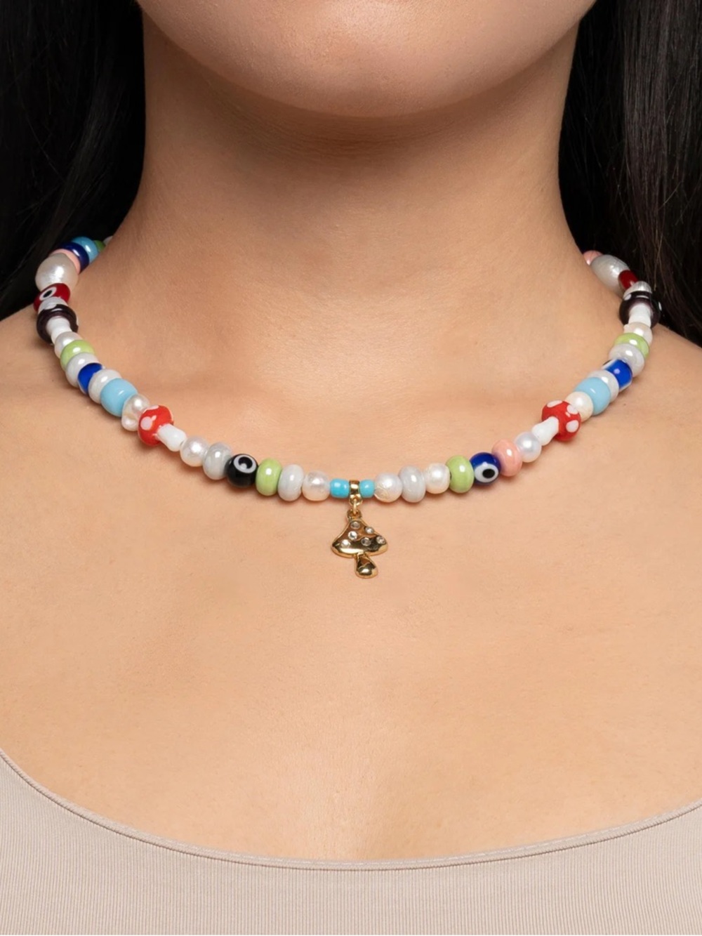 Gold Mushroom Charm Multicolor Beaded Necklace by - Picture 3 of 6
